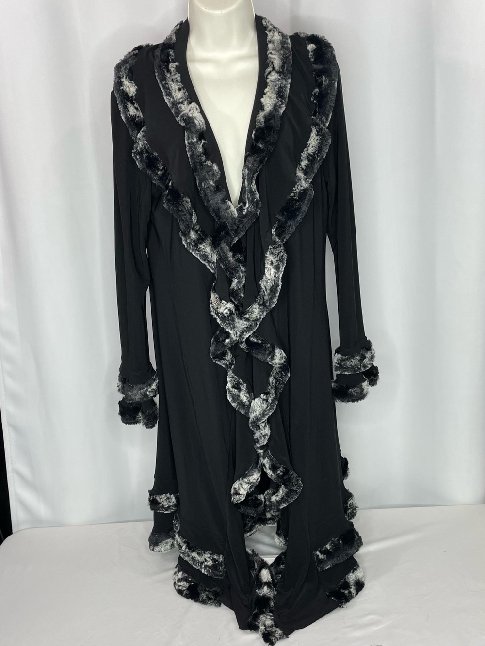 Joseph Ribkoff Vintage Blsck Faux Fur Ruffle Long Duster Cardigan Jacket M